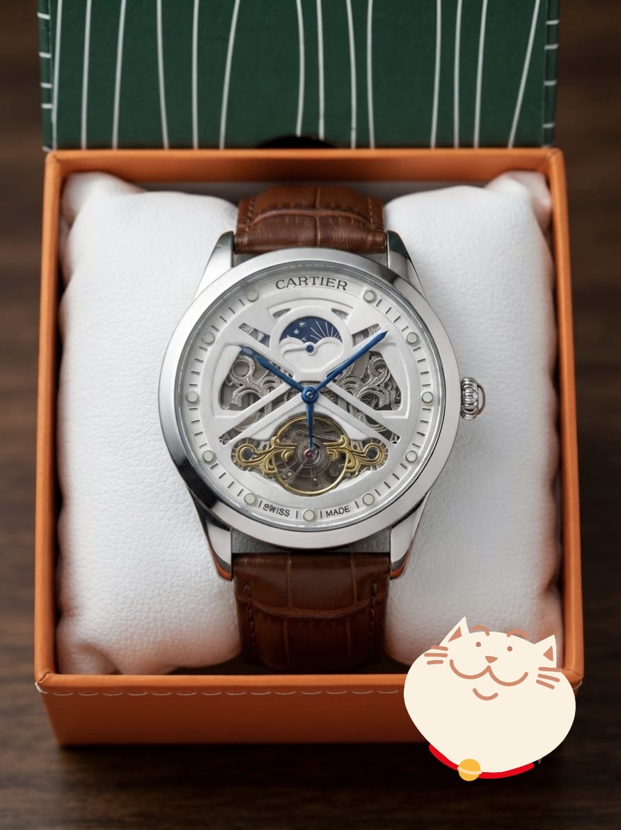 Luxury Cartier Mechanical Skeleton & Moon Phase Watch