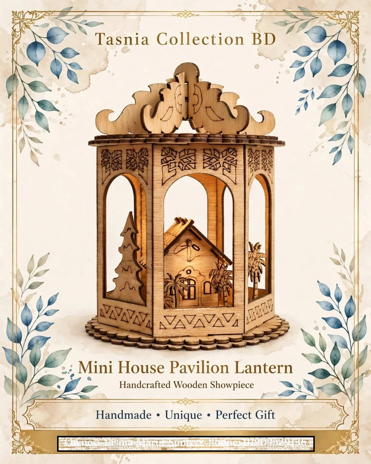 The image shows a small, hexagonal decorative wooden gazebo or lantern showpiece featuring laser-cut silhouettes of a couple inside.